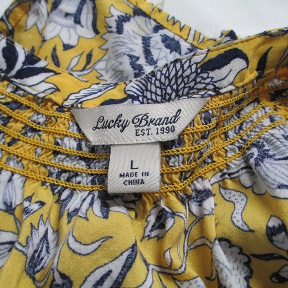 Lucky Brand Yellow and Blue Floral Button-Down Collarless Top Size L - Picture 7 of 12
